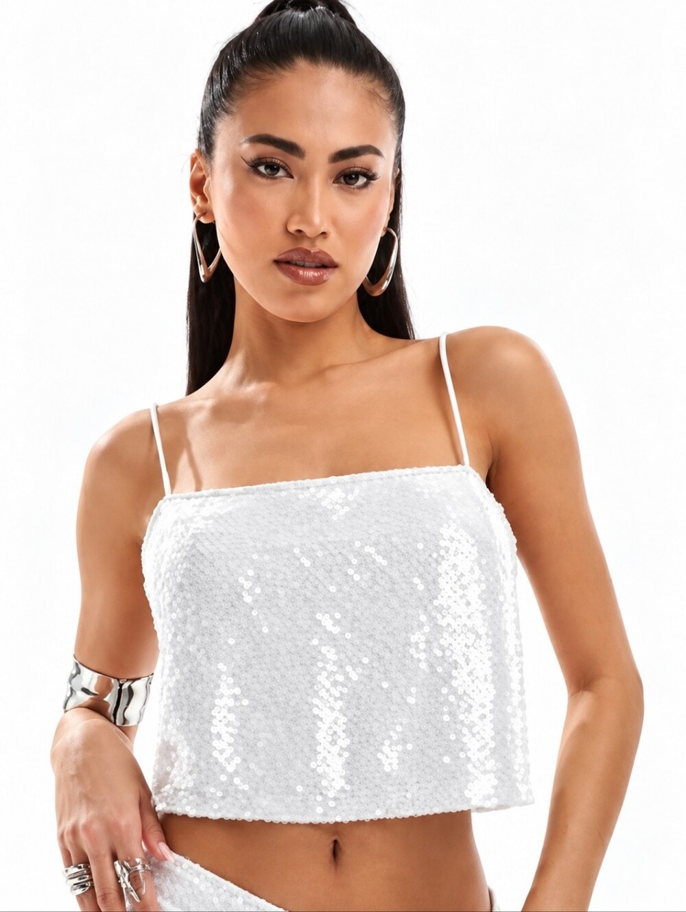 Abercrombie & Fitch Square Neck Sequin Crop Top White XSmall